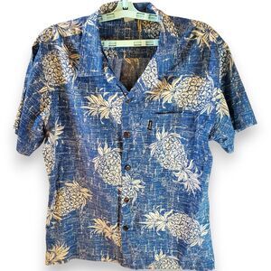 Palmwave Hawaiian Aloha Shirt Mens Large Blue White Pineapple Print 100% Cotton